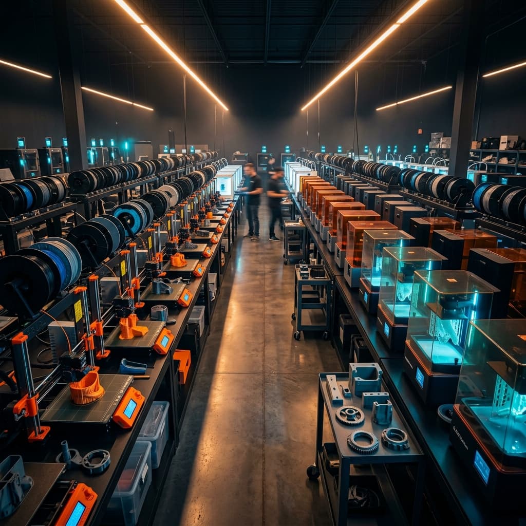 Industrial 3D printing farm with rows of printers operating in bulk production