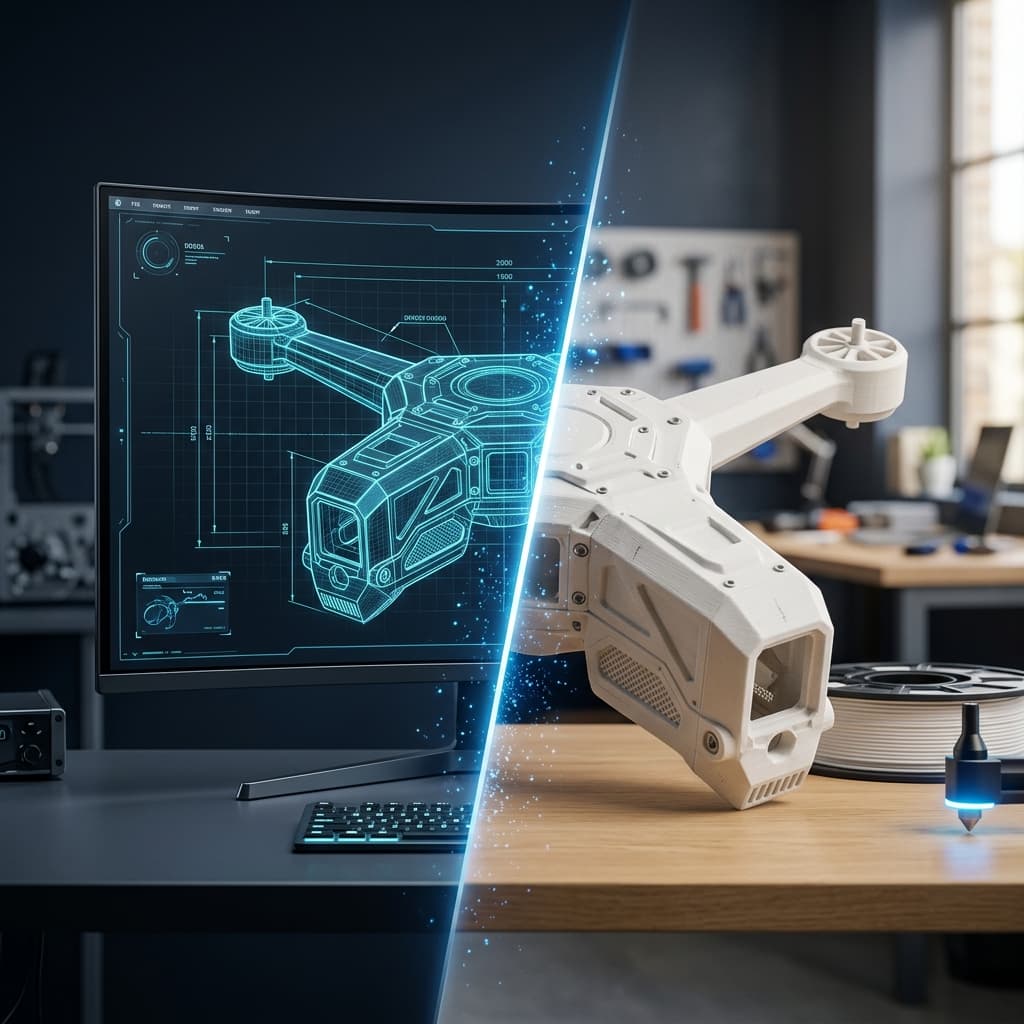 Split scene showing CAD design transforming into a finished 3D printed part