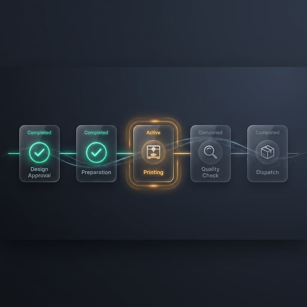 Order tracking pipeline showing stages from design approval to dispatch