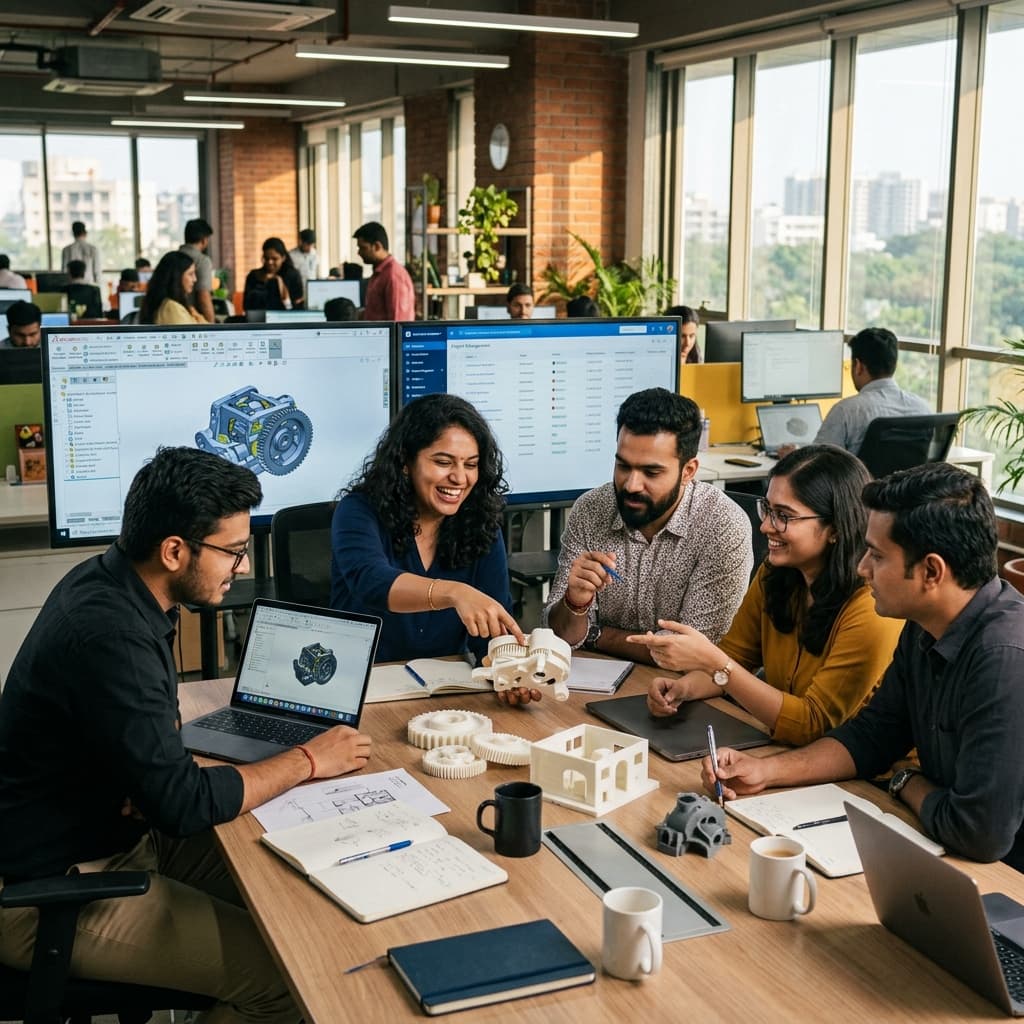 The EOD Cube team collaborating around 3D printed prototypes
